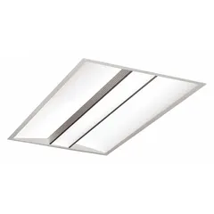 This 2 ft by 4 ft LED center-basket troffer delivers 5,730 lumens at 3500K, consuming 73 watts on 277V AC. It is dimmable and features a flange and center basket lens, replacing eight T8 lamps. Designed for suspended ceilings in patient and exam rooms where even, glare-free illumination is required.