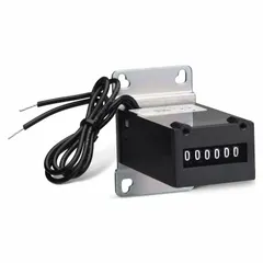 Base-mounted electromechanical counter with rear panel mounting, measuring 2 1/4 in x 1 1/2 in. Operates on 12 V DC to 48 V DC and is UL listed. Used for counting cycles, events, or production units in industrial machinery and control panels.