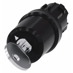 This 22 mm panel-mounted key switch from the Siemens 3SU series features a 2-position momentary/momentary switch action and left key removal position. Supplied without contacts, it requires separate contact blocks for operation. Typical applications include industrial control panels where key-operated access is needed for momentary switching functions.