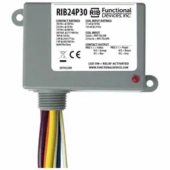 General purpose power relay with 30 A rating and DPDT contact configuration. Enclosed and pre-wired for easy installation. Features a 0.75 in NPT nipple for conduit mounting. Suitable for switching high-current loads in HVAC, lighting, and industrial control panels.