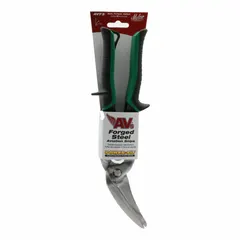 Left-cutting aviation snip with steel blades and TPR grip. Overall length 8 3/4 in, cutting length 1 1/2 in. Designed for cutting curves and straight lines in sheet metal, such as in HVAC and metal fabrication work. Rated for cutting 28 ga stainless steel.