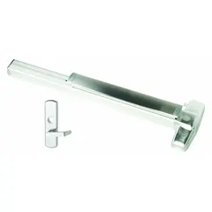 Mortise exit device with touchbar style for doors up to 3 ft wide. Chrome finish with lever outside trim. ADA compliant for accessible egress in commercial applications.