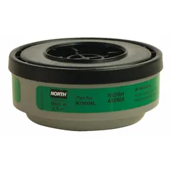 Threaded green cartridge for respiratory protection against ammonia and methylamine vapors. Compatible with NORTH 5400, 5500, 7600, 7700, RU6500, and RU8500 series reusable respirators. Sold as a pair.