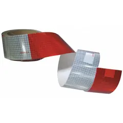 Red/white polyester reflective tape for marking trucks, trailers, and recreation vehicles. Measures 2 inches wide by 50 yards long with white reflective color and polyester adhesive. Used to improve vehicle visibility and meet conspicuity requirements.