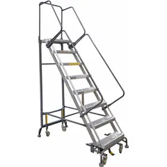 This unassembled aluminum ladder provides a 10 ft platform height with double handrails for safe elevated access. The foot-activated step lock and weight-actuated auto-lock mechanism secure the ladder in place during use. Finished in gray, it is suitable for tasks such as retrieving stored items or performing maintenance in warehouses and industrial facilities.