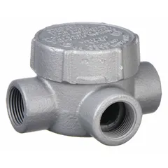 Iron T-shaped conduit outlet body with threaded female hubs for 1/2 in threaded IMC. Triple coat epoxy finish. UL 886 listed for hazardous locations. Includes cover; 7.3 cu in capacity.