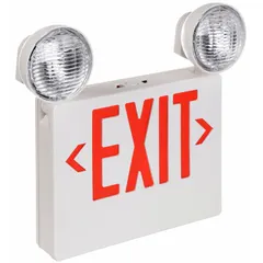 Plastic exit sign with round top-mount light heads for ceiling or wall mounting. Features red LED text and universal field selectable chevrons for directional indication. Operates on 120/277V AC. Suitable for commercial, industrial, and institutional facilities requiring illuminated egress marking and emergency lighting.