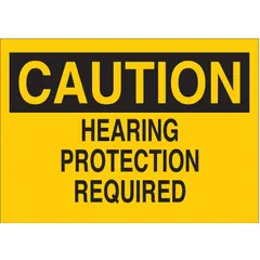 This caution sign is designed to mark areas where hearing protection is required. It features adhesive mounting for quick application on walls, doors, or machinery in industrial environments. The sign is made of polyester, is not retroreflective, and has a nominal size of 3 1/2 in x 5 in.