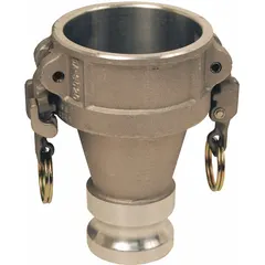 This Type DA aluminum cam and groove fitting is a female coupler x male adapter with a maximum working pressure of 100 psi at 70°F. It has an overall length of 6 5/16 inches and includes a nitrile gasket. Commonly used for quick-connect fluid transfer in industrial applications such as chemical processing, petroleum handling, and bulk liquid loading.