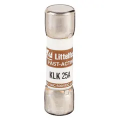 LITTELFUSE KLK025 is a 25 A, 600 V AC / 500 V DC fast-acting midget fuse with a 13/32 in x 1 1/2 in body. It provides overcurrent protection for control panels, motor circuits, and power supplies where quick interruption of fault currents is required.