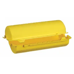 Yellow polypropylene encasing lockout for 3-prong plugs up to 4 1/2 in diameter and cords up to 1 15/32 in diameter. Used to isolate electrical equipment during maintenance, preventing accidental re-energization in lockout/tagout programs.