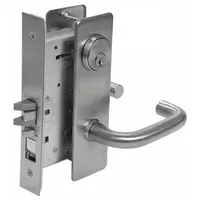 Office lever lockset with satin chromium-plated steel finish (626) and LWM lever design. ADA compliant with F04 function (no message). Suitable for interior commercial doors in offices, conference rooms, and light-traffic areas requiring lever operation