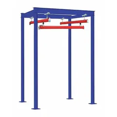 Steel overhead monorail crane kit with 13 ft post height and 10 19/32 ft height under beams. Includes two header beams. Used for lifting and moving loads in industrial facilities such as assembly lines, warehouses, and workshops.
