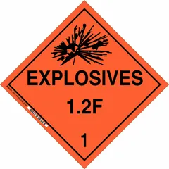 Class 1: Explosives placard measuring 10 3/4 in x 10 3/4 in with a 10 3/4 in label height. Displays the message 'Explosives 1.2 F 1' for hazardous material identification. Used on shipping containers and transport vehicles to indicate the presence of explosive materials.