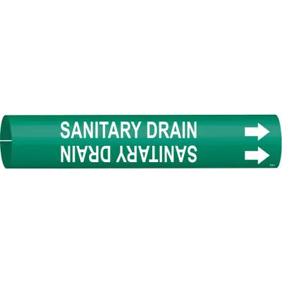 BRADY Pipe Marker: Sanitary Drain, Green, White, Fits 3/4 to 1 3/8 in Pipe O.D. - Sanitary Drain Snap-On Pipe Markers