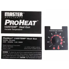 Replacement 220V label for Master Appliance PH-1200, PH-1200-1, and PH-1200K heat tools. Also compatible with 3KH79, 6NE91, and 6NE97 units. Used to indicate voltage rating on power tools.