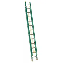 This 24 ft fiberglass extension ladder features a fixed fly and a rope and pulley system for smooth operation. With a 225 lb load capacity and a weight of 48 lb, it is suited for overhead tasks in environments where electrical conductivity must be avoided. The green ladder is designed for industrial and commercial maintenance work.