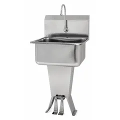 This one-station freestanding hand sink includes a faucet with a 0.5 gpm flow rate. The bowl measures 19 inches in length and 10 inches in depth. Side splash is not included. Suitable for commercial restrooms and other handwashing areas.