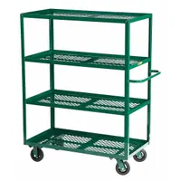 This flow-through utility cart features four perforated lipped metal shelves, each 60 inches long by 30 inches wide, with 16 inches between shelves. It is equipped with two rigid rubber-tread casters and is designed for transporting materials in warehouses, distribution centers, and manufacturing facilities where debris separation or airflow through shelves is beneficial
