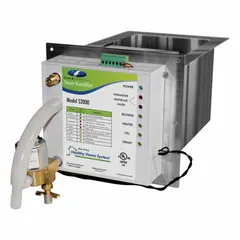 Fan-powered steam humidifier for duct mounting. Delivers 23 gallons of humidification per day with a minimum 5% humidity setting. Suitable for adding moisture to HVAC air streams in commercial or industrial buildings.