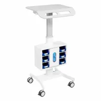 Mobile workstation constructed from steel with a white finish. Equipped with six shelves and no drawers. Caster configuration includes two swivel and two swivel with brake casters for mobility and stability. Suitable for use in healthcare settings to support laptops and medical supplies at the point of care
