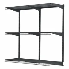 This wall-mount track system shelf kit includes three steel shelves, each 48 in x 16 in, with a 48 in rail length. Each shelf supports up to 350 lb. The kit contains nine FastTrack Garage 16 in Shelf Brackets with Speed Clips and includes mounting hardware. Suitable for organizing garages, workshops, and storage areas.