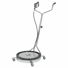 Stainless steel undercarriage cleaner with 3/8 in NPTF inlet connection. Includes four stainless steel casters, two high-pressure nozzles, and one high-pressure gun. Used for high-pressure washing of vehicle underbodies to remove mud, salt, and debris.