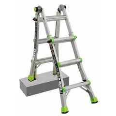 This aluminum multipurpose ladder offers six configurations for stairway access, extension work, and scaffolding. With a 300 lb load capacity and 24 lb weight, it is suited for industrial maintenance, construction, and facility management tasks.