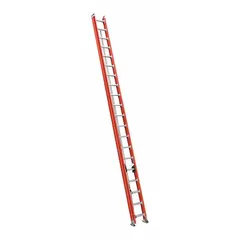 This 40 ft fiberglass extension ladder has a 300 lb load capacity and weighs 97 lb. It features a fixed fly and a rope and pulley system. The non-conductive fiberglass construction is suited for electrical work and other applications where insulation is required.