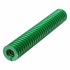 Cylindrical die spring with closed, ground ends. Made from silicon alloy steel wire. Length 5 in, outer diameter 1.97 in. Used in stamping dies, metal forming tools, and industrial presses to absorb shock and maintain consistent force in high-cycle applications.
