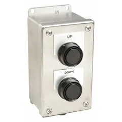 This Siemens push-button control station features two flush push buttons with black operators and Up/Down legends. It provides 2 normally open and 2 normally closed contacts with no pilot lights. Typical applications include industrial machine control for raising and lowering equipment such as cranes, hoists, and conveyor systems.