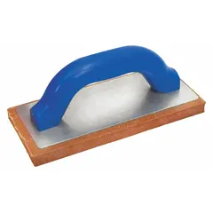 Tile float with a square rubber blade and plastic handle. Used for finishing and smoothing tile installations, particularly with epoxy grouts or delicate surfaces, where the rubber blade prevents scratching.