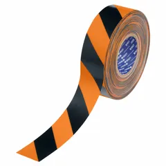 Black/orange striped floor marking tape with a 22 mil thick polyester backing. Used to designate caution areas, safety zones, and walkways in industrial facilities. Suitable for high-traffic environments requiring durable surface marking.