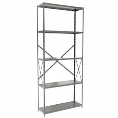 This heavy-duty standalone open metal shelving unit from HALLOWELL is constructed of steel with a gray finish. It measures 36 inches wide by 12 inches deep with an overall height of 84 inches and includes five shelves. Suitable for organizing tools, parts, and bulk materials in industrial storage environments. Supplied unassembled.