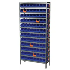 Steel frame shelving unit with 96 open-front polymer shelf bins in blue and orange. Each bin measures 4 in x 4-1/4 in x 11-5/8 in. Suitable for organizing small parts in industrial facilities, warehouses, and workshops.