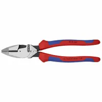 KNIPEX standard lineman's pliers with curved jaws, overall length 9 1/2 in, jaw length 1 5/8 in, jaw width 1 5/8 in, jaw thickness 5/8 in. Designed for gripping, twisting, and cutting wire in electrical, construction, and maintenance applications. Features an ergonomic handle and integrated wire cutter