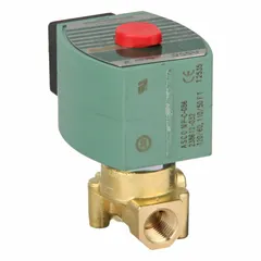 This REDHAT solenoid valve is a 2-way, 2-position normally closed type with a 1/4 in pipe size and 120V AC voltage. Designed for high-flow applications, it features a DIN connector. Suitable for on/off control of water, air, and light oil in industrial fluid systems.