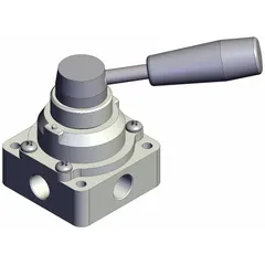 Manual air control valve from the VH Series with a lever actuator and side-ported body. Two-position operation for starting, stopping, or directing compressed air flow. Features a 1/4 in NPT port and maximum operating pressure of 1 MPa. Suitable for industrial pneumatic systems requiring reliable on/off control.