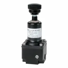 The BELLOFRAM Type 92 is a subminiature industrial air regulator with a relieving design, constructed from aluminum. It features a 1/16 in NPT female connection and a knob adjustment for through-panel mounting. Suitable for controlling and stabilizing compressed air pressure in pneumatic systems where space is limited.