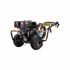 Gas-powered cold water pressure washer mounted on a cart. Delivers 4200 psi at 4 gpm. Rated for 20 hours of use per week. Suitable for cleaning equipment, surfaces, and vehicles.