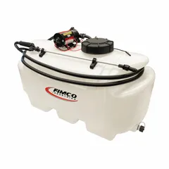 This FIMCO cordless tailgate sprayer features a 25-gallon tank and is designed for vehicle mounting, suitable for ATVs and utility vehicles. It operates with a battery-powered pump, enabling spot spraying for weed control, fertilization, and pest management in fields, pastures, and large yards.