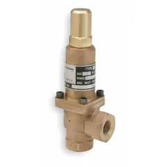 This bronze pressure relief valve features 3/4 in FNPT x 3/4 in FNPT connections. It is adjustable for back pressure applications and suitable for non-code air, inert gas, and liquids. Commonly used in industrial piping systems, pneumatic controls, and fluid handling to protect downstream equipment.