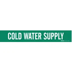 Green pipe marker with white legend text reading 'Cold Water Supply', without arrows. Fits pipe outer diameters from 2-1/2 to 7-7/8 inches. Used to identify cold water supply lines in industrial piping systems.