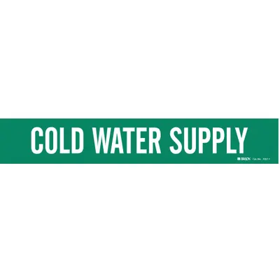 BRADY Pipe Marker: Cold Water Supply, Green, White, Fits 2 1/2 to 7 7/8 in Pipe O.D. - Cold Water Supply Adhesive Pipe Markers