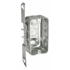 Steel handy electrical box for single-gang installations. Box depth of 1-7/8 in and width of 2-1/8 in. Features stud face and side bracket style for direct mounting to wall studs. Supplied without clamps. Suitable for enclosing wiring devices, switches, or outlets in residential and commercial construction.