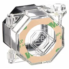 Hinged push-button lockout for securing push-button controls during lockout/tagout procedures. Clear design allows visibility of button position. Fits buttons up to 1.2 inches in diameter. Measures 1.57 inches by 1.57 inches by 1.421 inches.