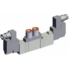 Double solenoid, five-way/three-position closed-center directional control valve with 5 ports and 24V DC operation. Spring return to center position. DIN solenoid connector, internal pilot, and non-locking manual override. Used to direct compressed air in industrial automation and material handling systems requiring fail-safe mid-position blocking.