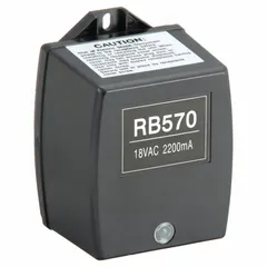 The LINEAR RB570 is a transformer that supplies 18V AC power to the main control board of compatible gate operators. It is used as a replacement component in residential and light-commercial access systems to maintain proper voltage for control electronics.
