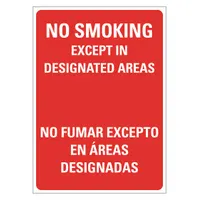 Bilingual English/Spanish sign indicating smoking is only allowed in designated areas. Made of plastic with mounting holes for wall installation. Nominal size 14 x 10 in. Not retroreflective, does not glow in the dark, and has no anti-slip surface. Suitable for indoor use in facilities requiring clear smoking policy communication