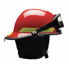 Red fire helmet with Modern Rear Brim design. Includes chin strap and 6-Point Sure-Lock Ratchet suspension system. Suitable for structural firefighting and rescue operations where impact protection and stability are required.